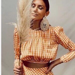 Zara Women's S Orange Gingham Puff Sleeve Crop Top‎ Boho Cottagecore Blouse